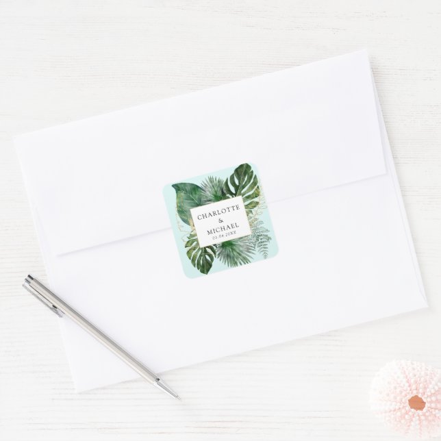 Tropical Elegant Plant Trending Wedding   Square Sticker (Envelope)