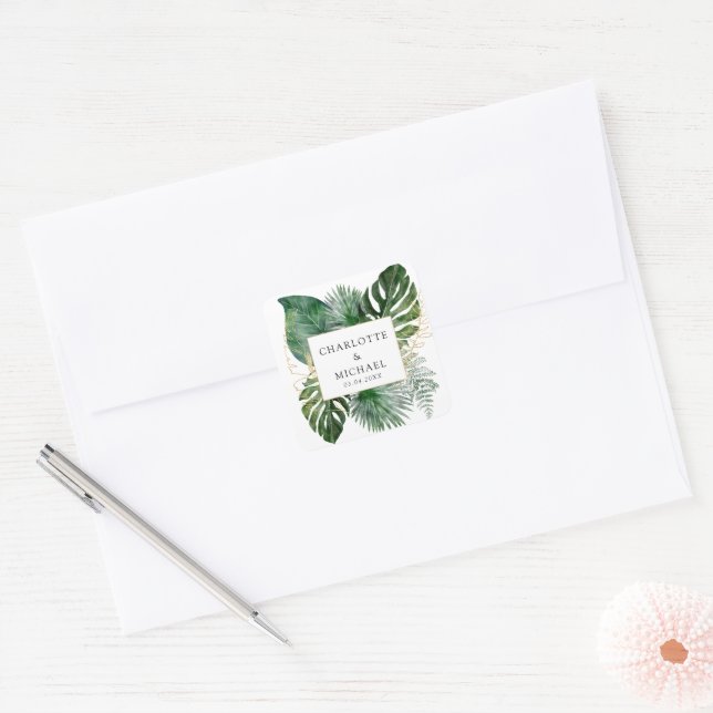 Tropical Elegant Plant Trending Wedding   Square Sticker (Envelope)