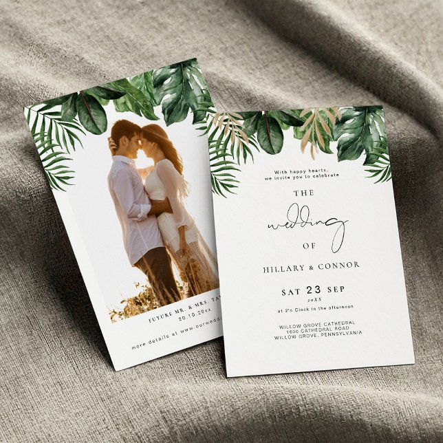 Tropical elegant wedding invitation with photo (Creator Uploaded)