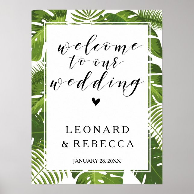 Tropical elegant Welcome wedding sign | leaves (Front)