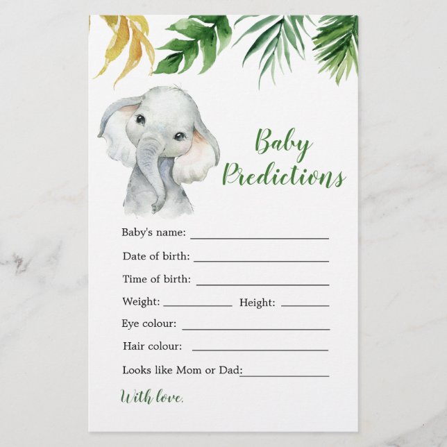 Tropical Elephant Boy Baby Shower Baby Prediction (Front)