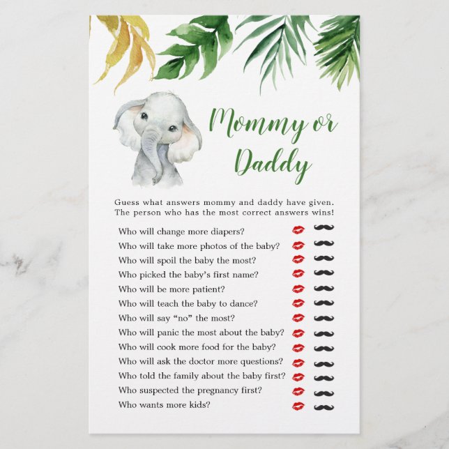Tropical Elephant Boy Baby Shower Mummy or Daddy (Front)