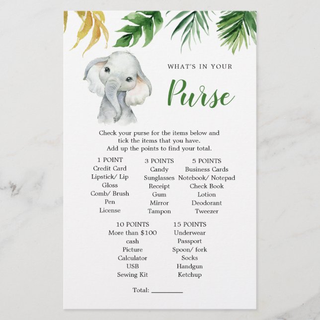 Tropical Elephant Boy Baby Shower Purse Game (Front)