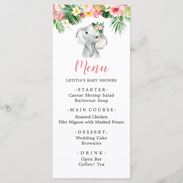 Tropical Elephant Girl Baby Shower Menu Sign (Front)