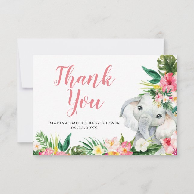 Tropical Elephant Girl Baby Shower Thank You Card (Front)