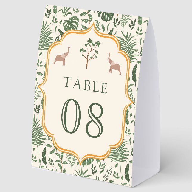 Tropical Elephant Indian Wedding Table Number (Front)