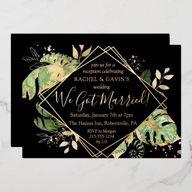 Tropical Elopement Wedding Reception Black & Gold  (Front/Back)
