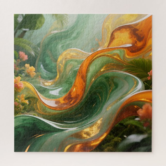 Tropical Emerald Amber Swirl Jigsaw Puzzle (Vertical)