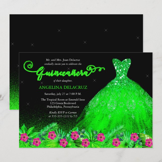 Tropical Emerald Green Spanish Gown Quinceañera  Invitation (Front/Back)