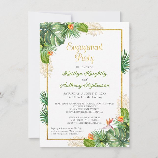 Tropical Engagement Party Floral Gold Budget Invitation (Front)