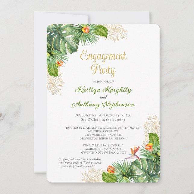 Tropical Engagement Party Floral Gold Watercolor Invitation (Front)
