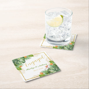 Tropical Engagement Party Watercolor Palm Floral Square Paper Coaster