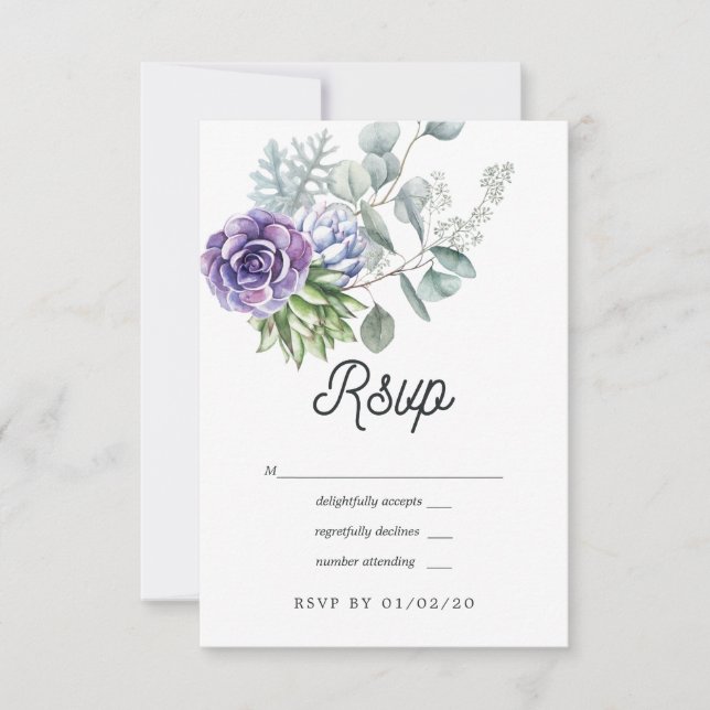 Tropical Eucalyptus Succulents Wedding RSVP Card (Front)