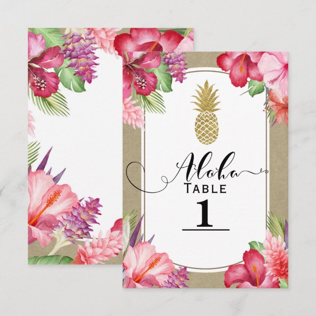 Tropical Exotic Floral Gold Pineapple Table Number (Front/Back)