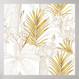 Tropical exotic floral line golden palm leaves and poster