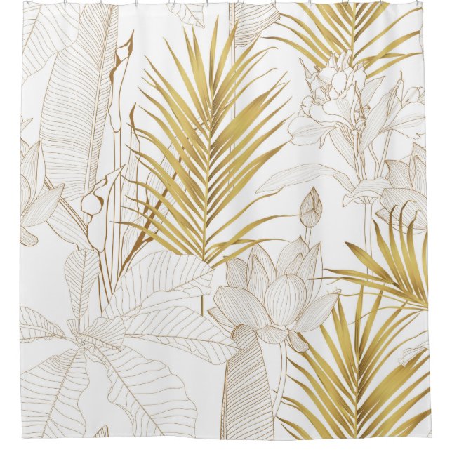 Tropical exotic floral line golden palm leaves and shower curtain (Front)