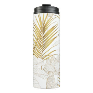 Tropical exotic floral line golden palm leaves and thermal tumbler