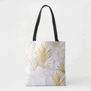 Tropical exotic floral line golden palm leaves and tote bag