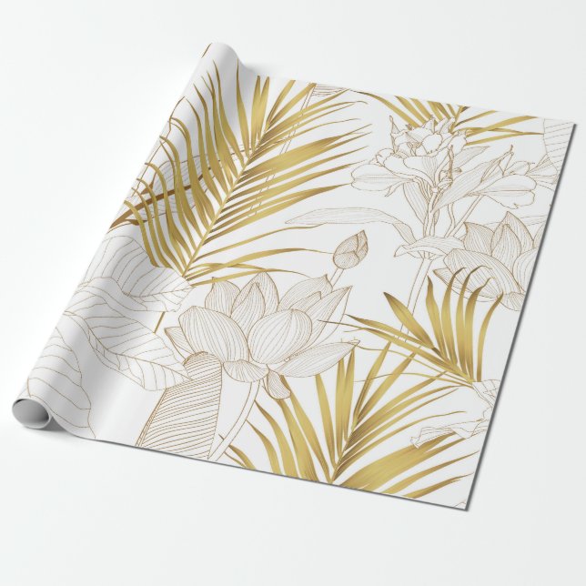 Tropical exotic floral line golden palm leaves and wrapping paper (Unrolled)