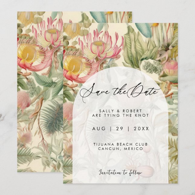 Tropical exotic florals save the date card (Front/Back)