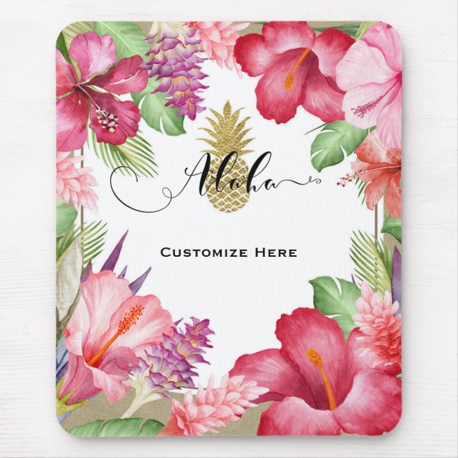 Tropical Exotic Flowers & Gold Pineapple Aloha Mouse Mat (Front)