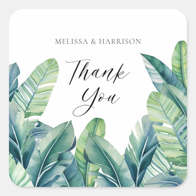 Tropical Exotic Foliage Leaves Wedding Design Square Sticker (Front)