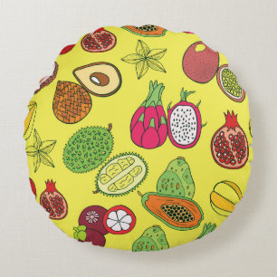 Tropical Exotic Fruits Hand-Drawn Pattern Round Cushion