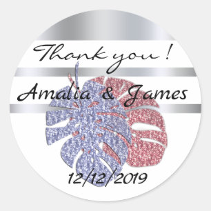 Tropical exotic glitter shine monstera leaves effe classic round sticker