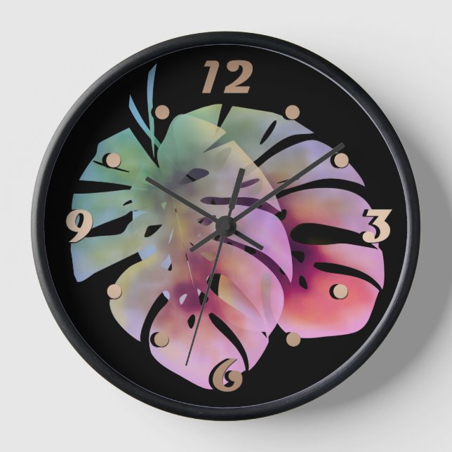 Tropical exotic green monstera leaves watercolor   clock (Front)