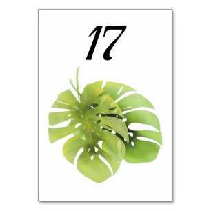 Tropical exotic green monstera leaves watercolor e table number