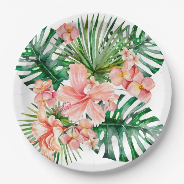 Tropical Exotic Jungle Hibiscus Flowers Paper Plate (Front)