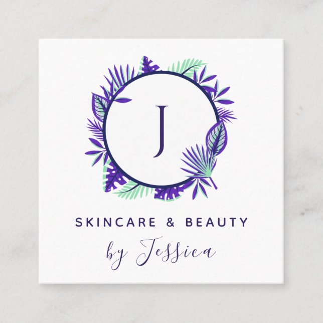 Tropical Exotic Monogram Skincare Beauty Modern Square Business Card (Front)