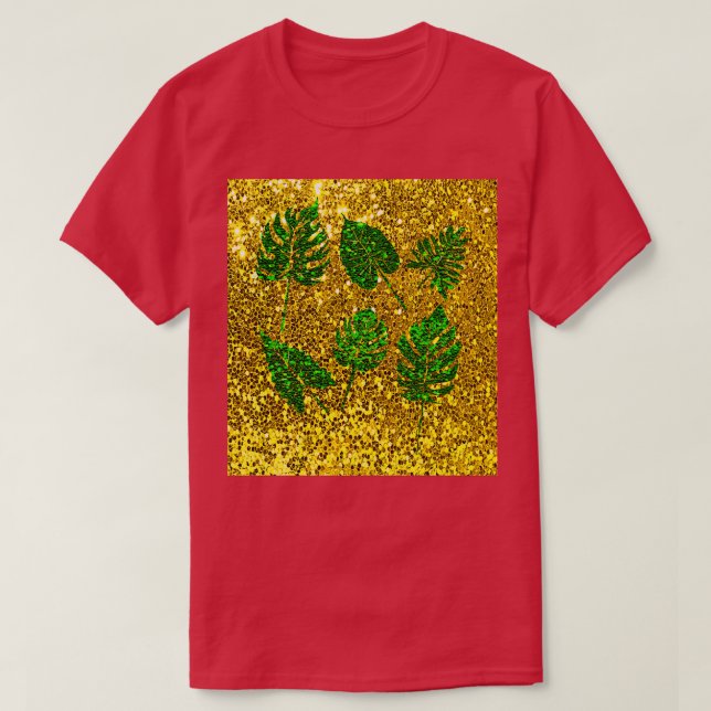 Tropical exotic Monstera Deliciosa green and gold  T-Shirt (Design Front)