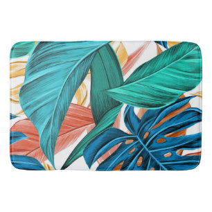 Tropical exotic palm and leaves bath mat