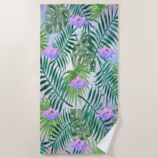 Tropical Exotic ,Palm Leaves,Hibiskus Beach Towel (Front)
