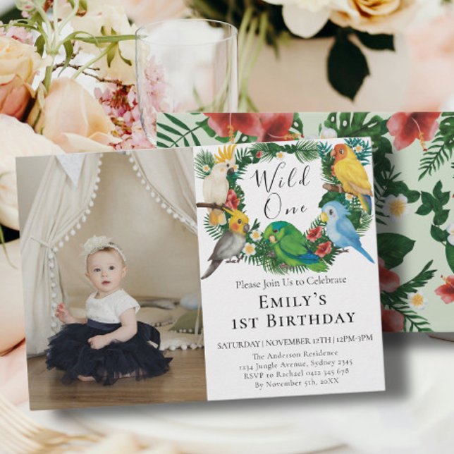 Tropical Exotic Parrots Wild One 1st Birthday Girl Invitation (Creator Uploaded)