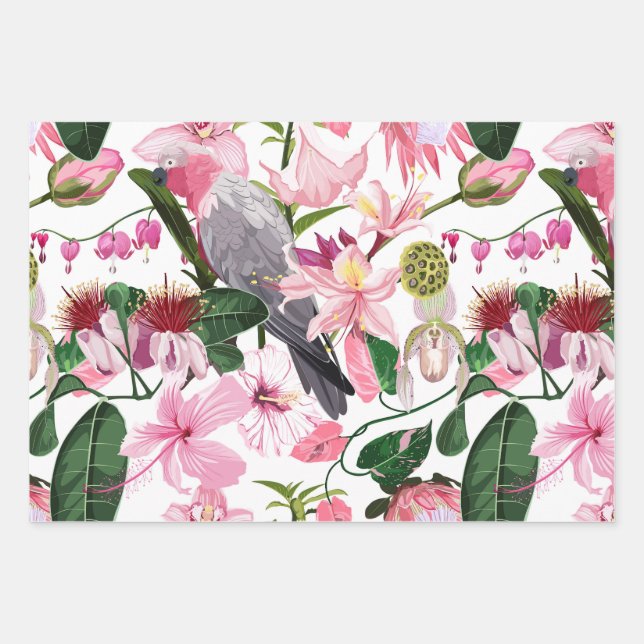 Tropical exotic pattern with parrot and flowers wrapping paper sheet (Front 2)