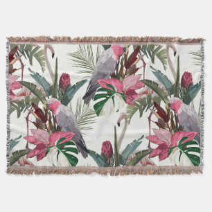 Tropical exotic pattern with parrot, flamingo throw blanket