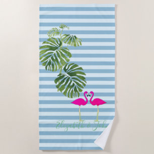 Tropical Exotic ,Striped ,Flamingos-Personalised Beach Towel