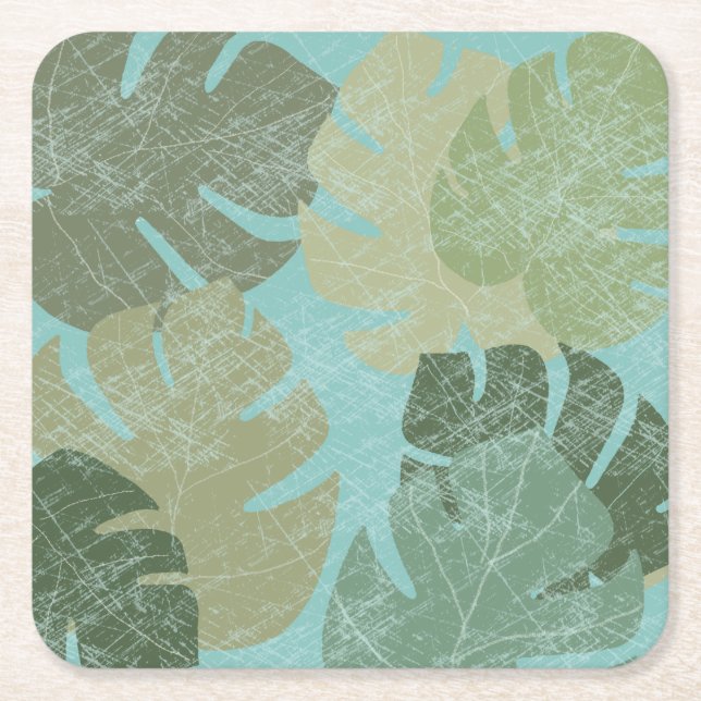 Tropical Faded Leaves Square Paper Coaster (Front)