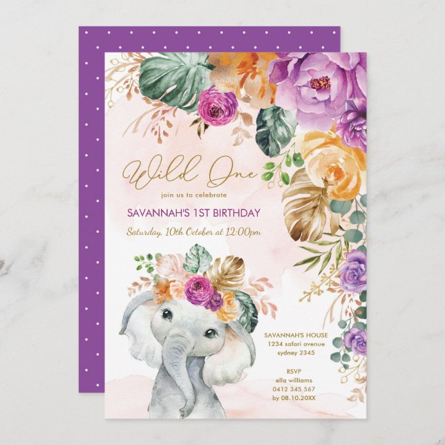 Tropical Fall Floral Elephant 1st Birthday Girl Invitation (Front/Back)