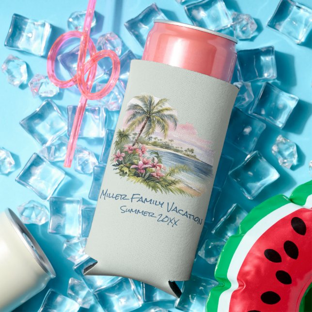 Tropical Family Vacation Reunion Commemorative Seltzer Can Cooler (In Situ Summer)
