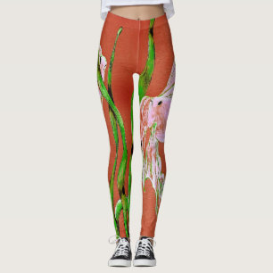 Tropical Fantail Fish Watercolor Orange Green Leggings