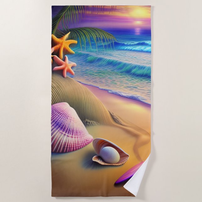Tropical Fantasy Beach Sunset Beach Towel (Front)