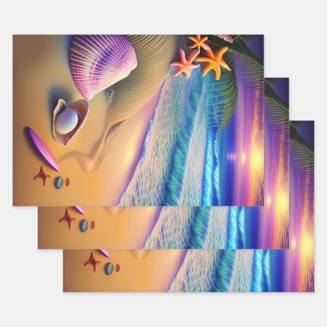 Tropical Fantasy Beach Sunset Wrapping Paper Sheet (Set)
