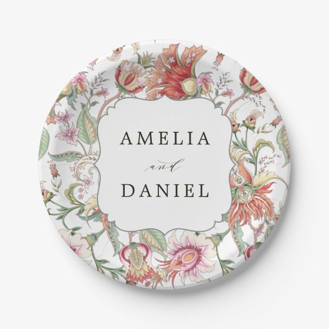 Tropical Fantasy Boho Floral Pattern Wedding Paper Plate (Front)