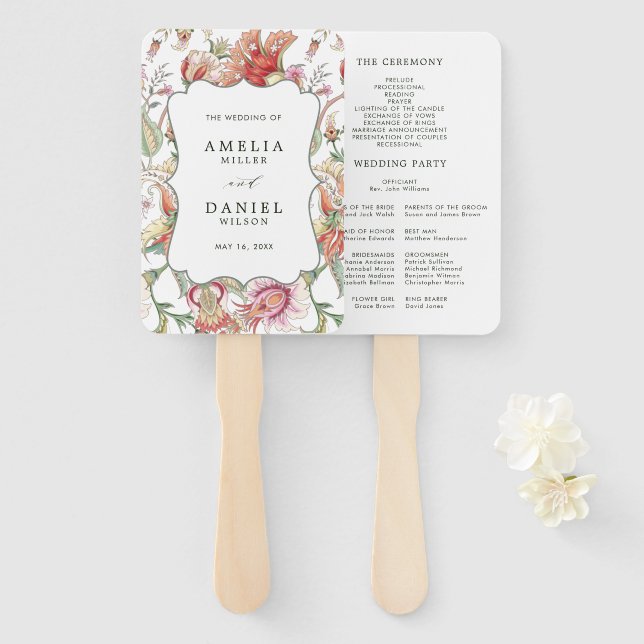 Tropical Fantasy Boho Floral Wedding Program Hand Fan (Front and Back)