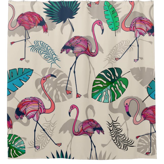 Tropical Fantasy: Flamingo Leaf Pattern Shower Curtain (Front)