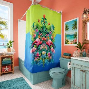 Tropical Fantasy Garden with Flamingos Shower Curtain