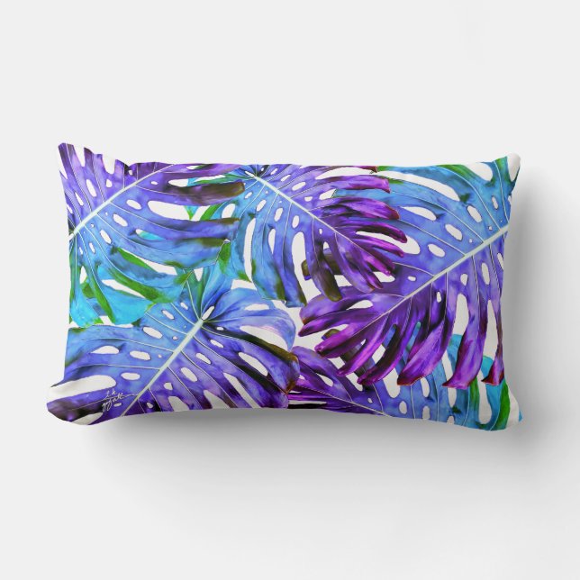Tropical Fantasy Paradise Monstera Leaves Modern Lumbar Cushion (Front)
